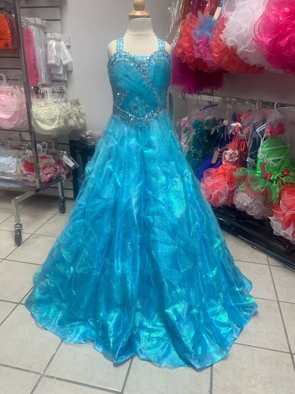 Size 12 Blue Shimmery Perfect Angel Beaded Long Pageant Ballgown Dress NWT